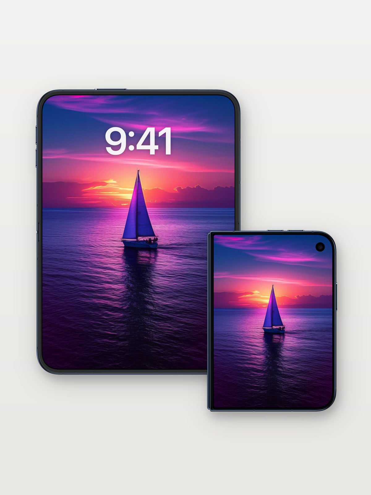 Crimson Horizon Wallpaper with Sailboat Silhouette on iPhone Duo, open and closed