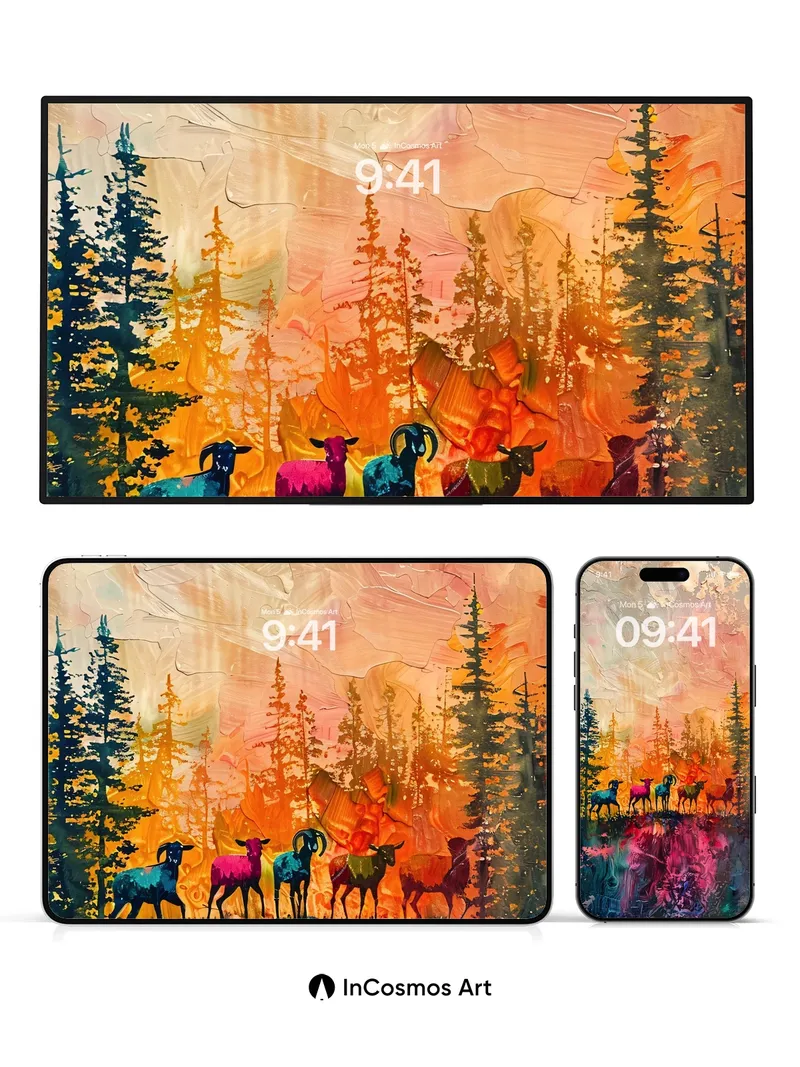 Surreal Forest Wallpaper with Rainbow Sheep