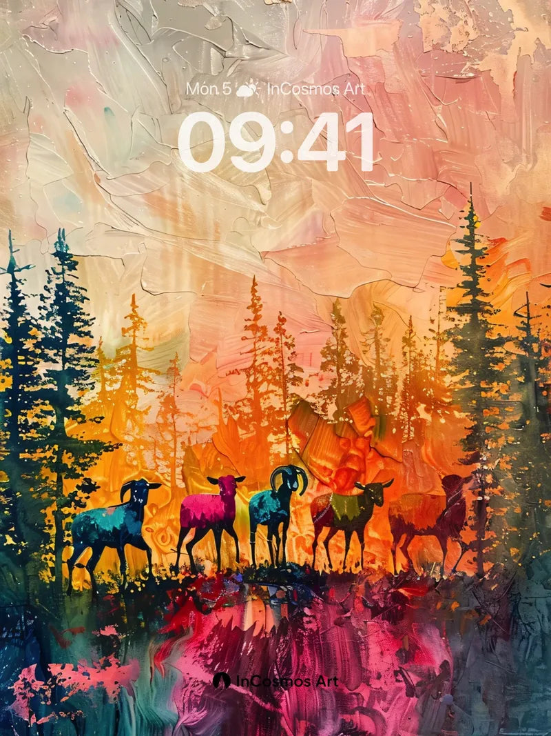 Surreal Forest Wallpaper with Rainbow Sheep