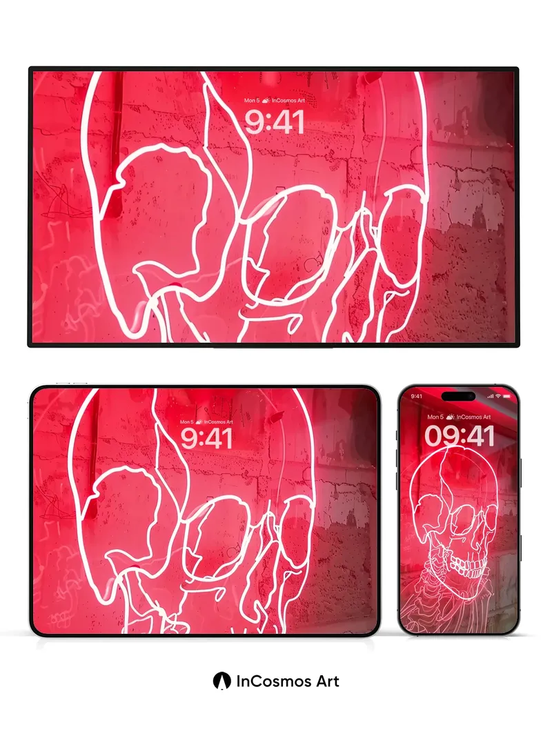 Neon Pulse Skull Wallpaper with Haunted Lines