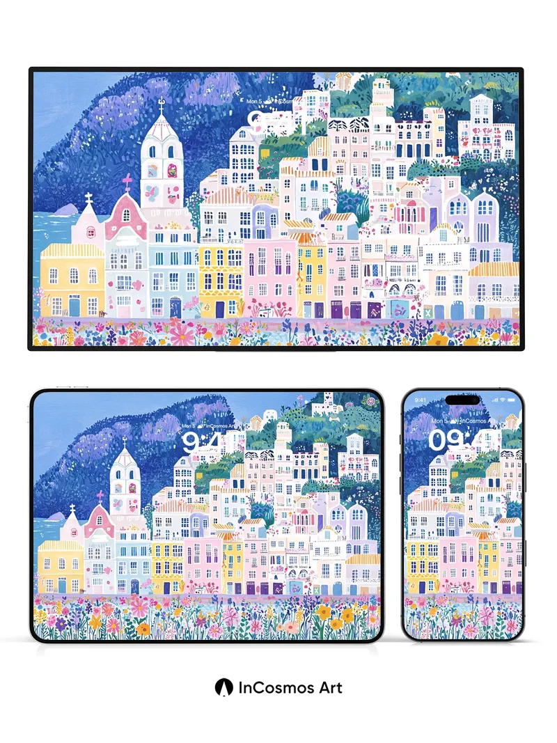 Pastel Village Wallpaper with Flowered Hills