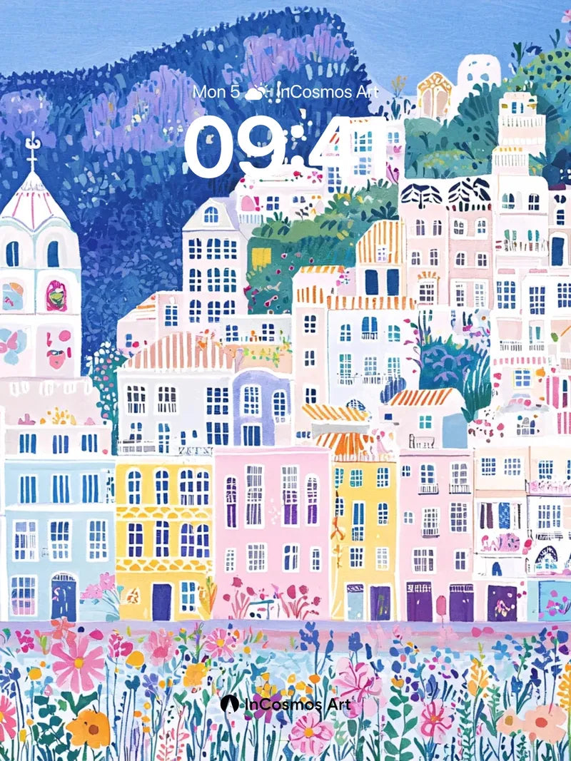 Pastel Village Wallpaper with Flowered Hills