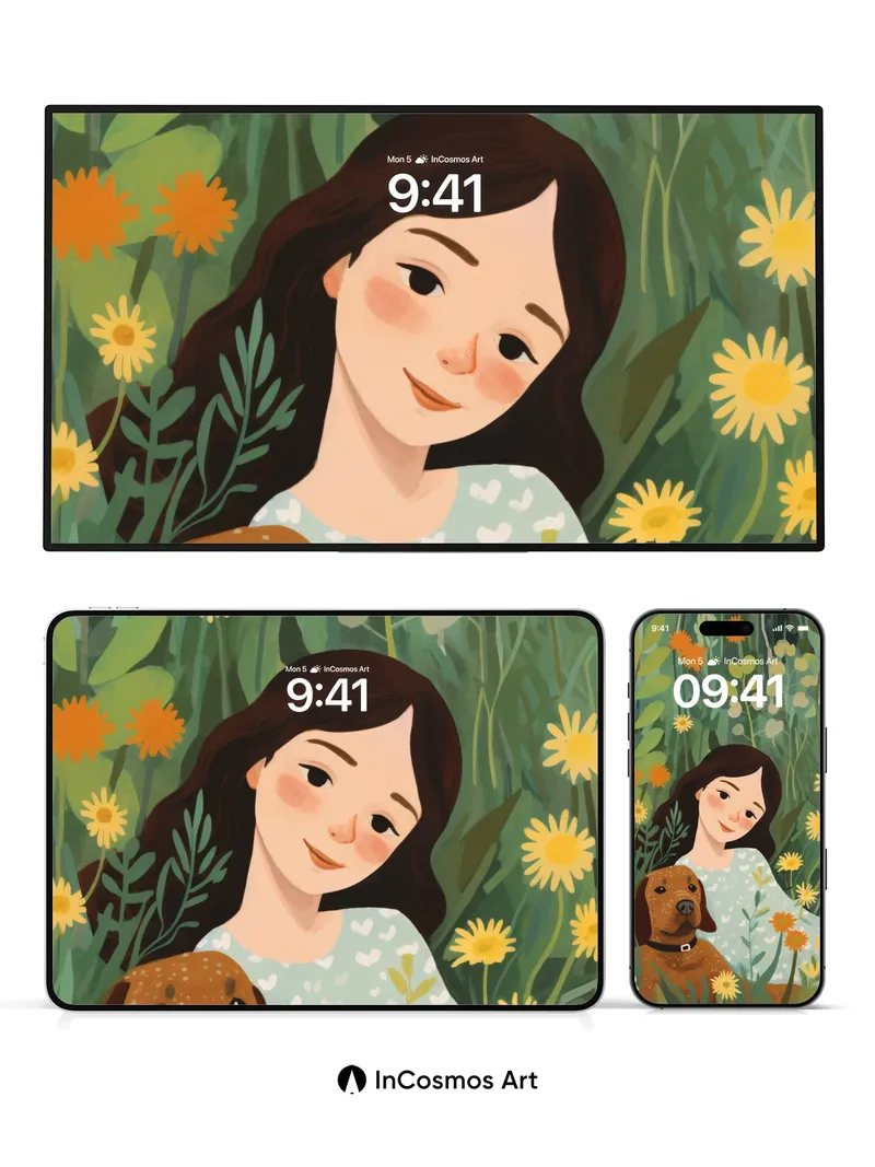 Whispering Garden Wallpaper with Canine Companion