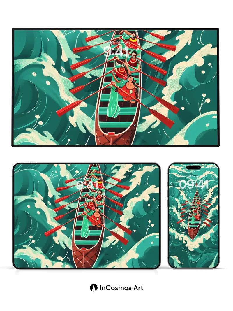 Crimson Paddle Wallpaper with Hokusai Waves
