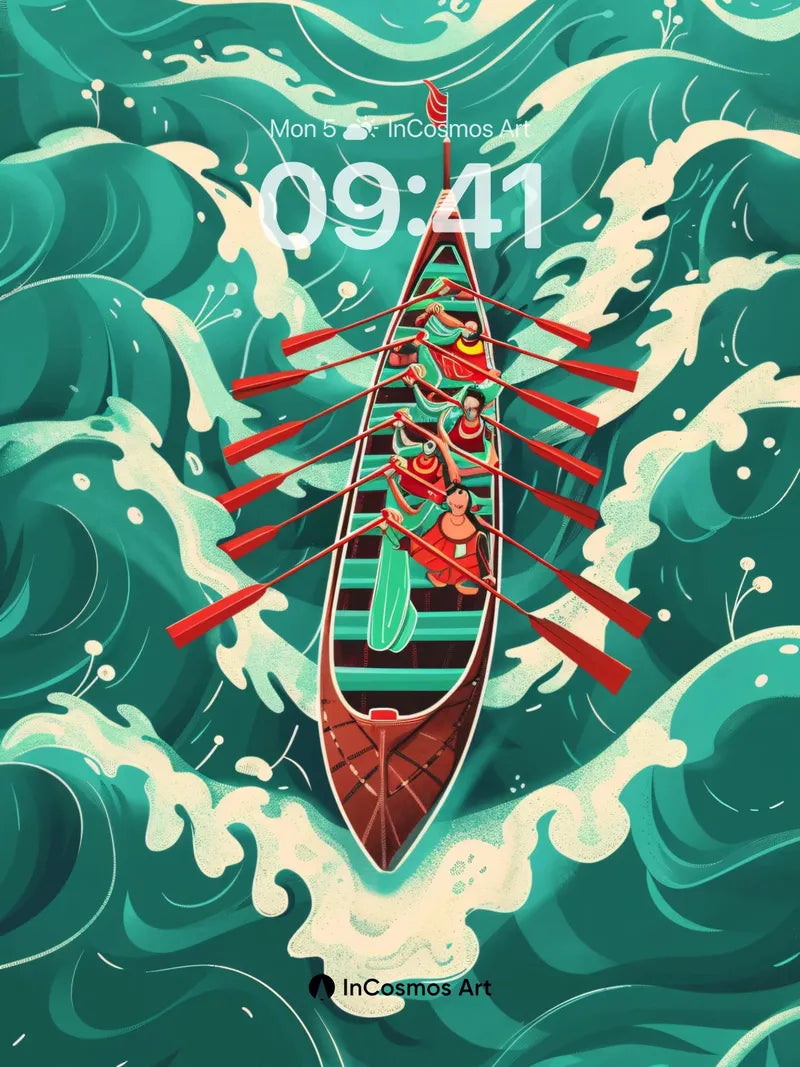 Crimson Paddle Wallpaper with Hokusai Waves