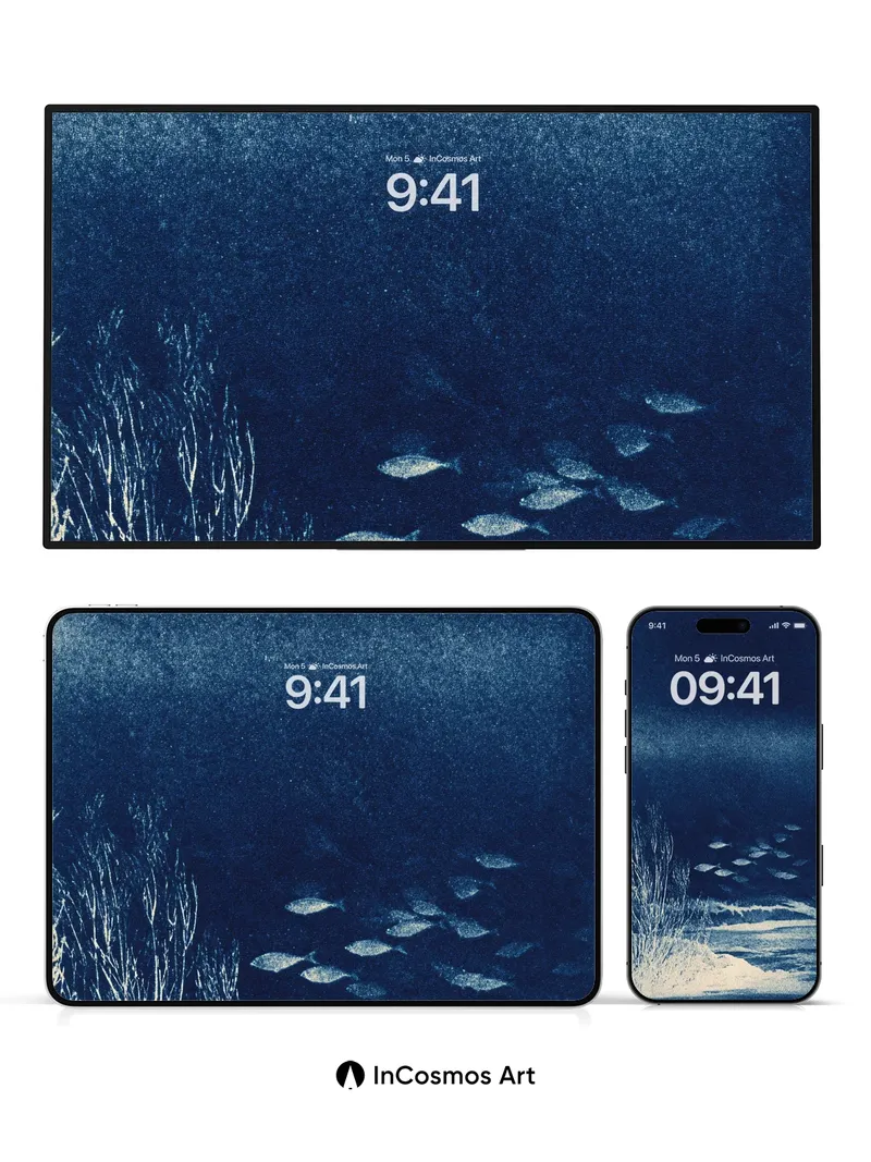 Silent Currents Wallpaper with Cyanotype Depth