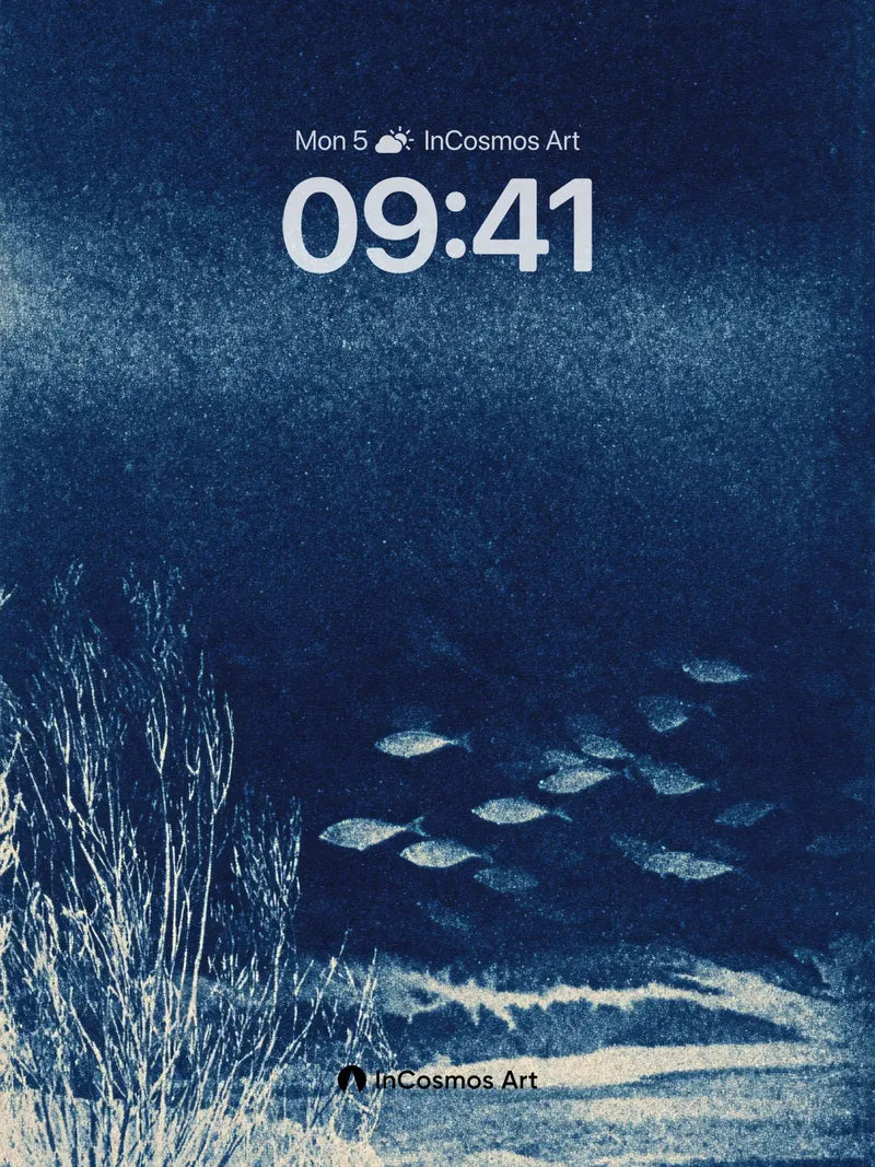 Silent Currents Wallpaper with Cyanotype Depth