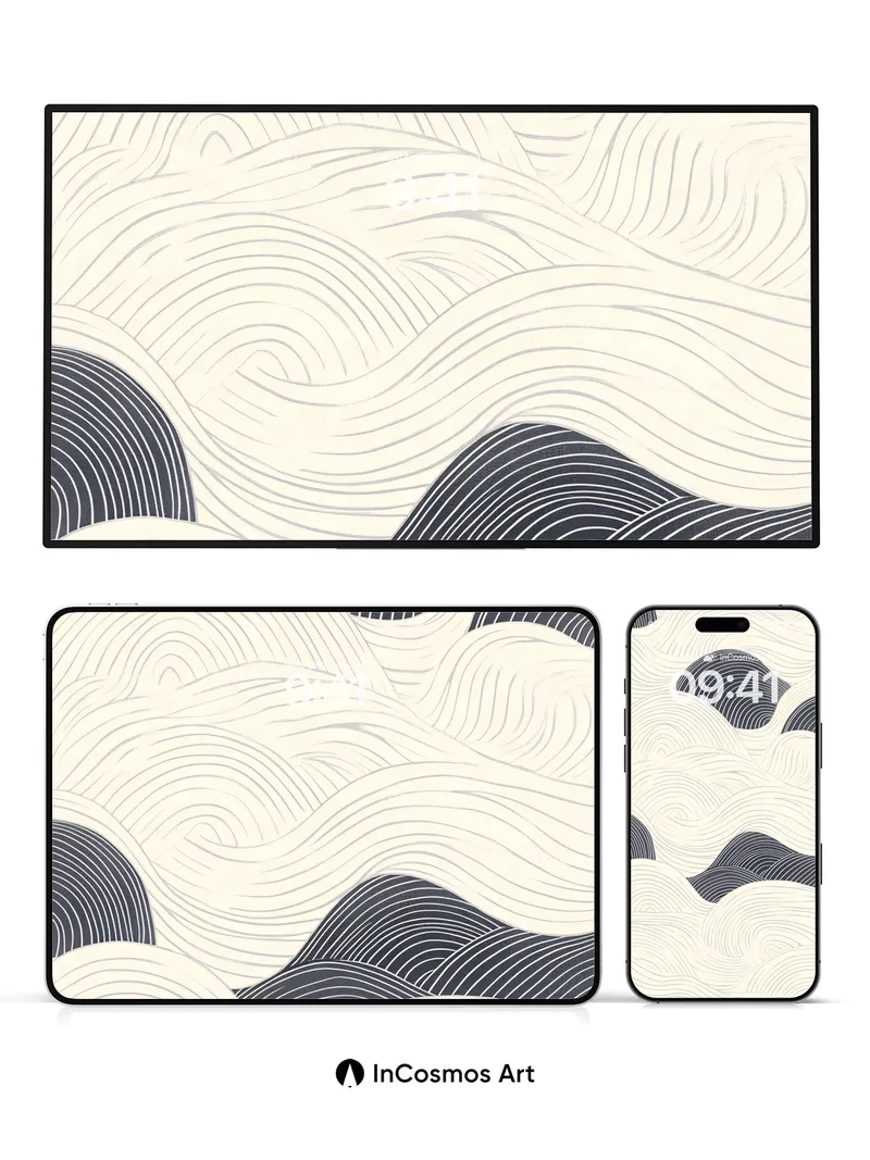 Serene Wave Wallpaper with Hokusai Lines