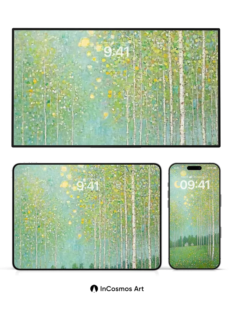Moonlit Birch Forest Wallpaper with Celestial Dots
