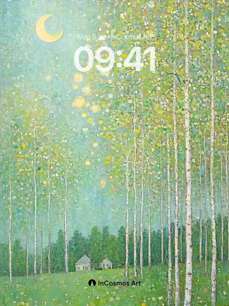 Moonlit Birch Forest Wallpaper with Celestial Dots
