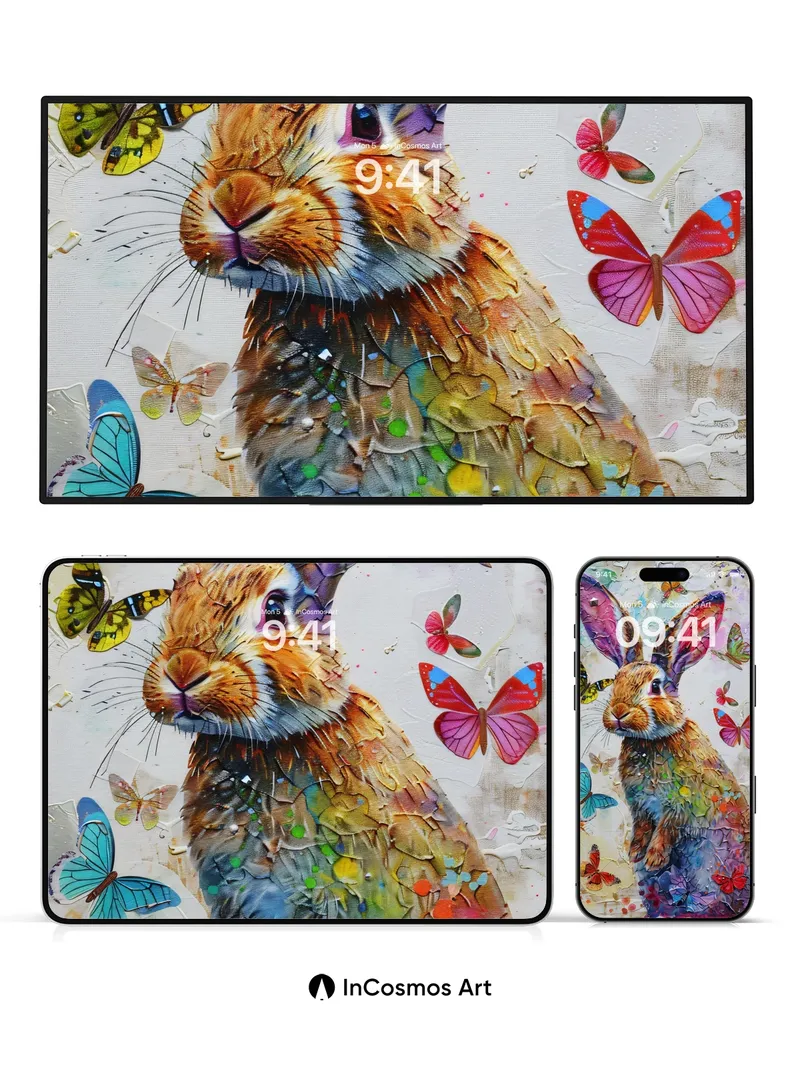 Whimsical Rabbit Wallpaper with Butterflies in Motion