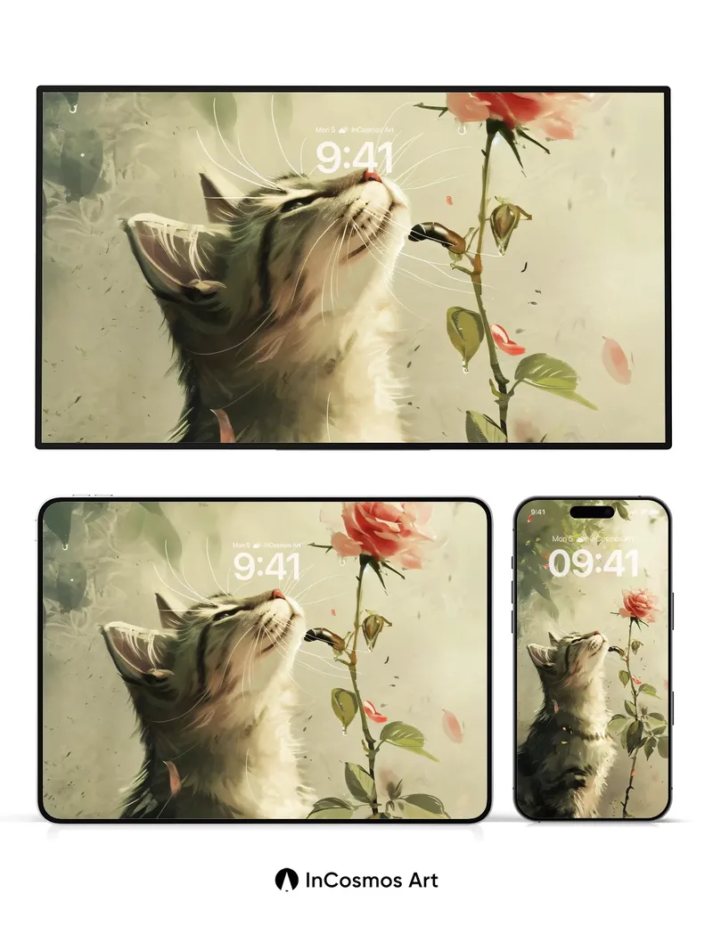 Whispering Rose Wallpaper with Feline Gaze