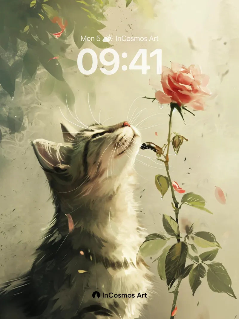 Whispering Rose Wallpaper with Feline Gaze
