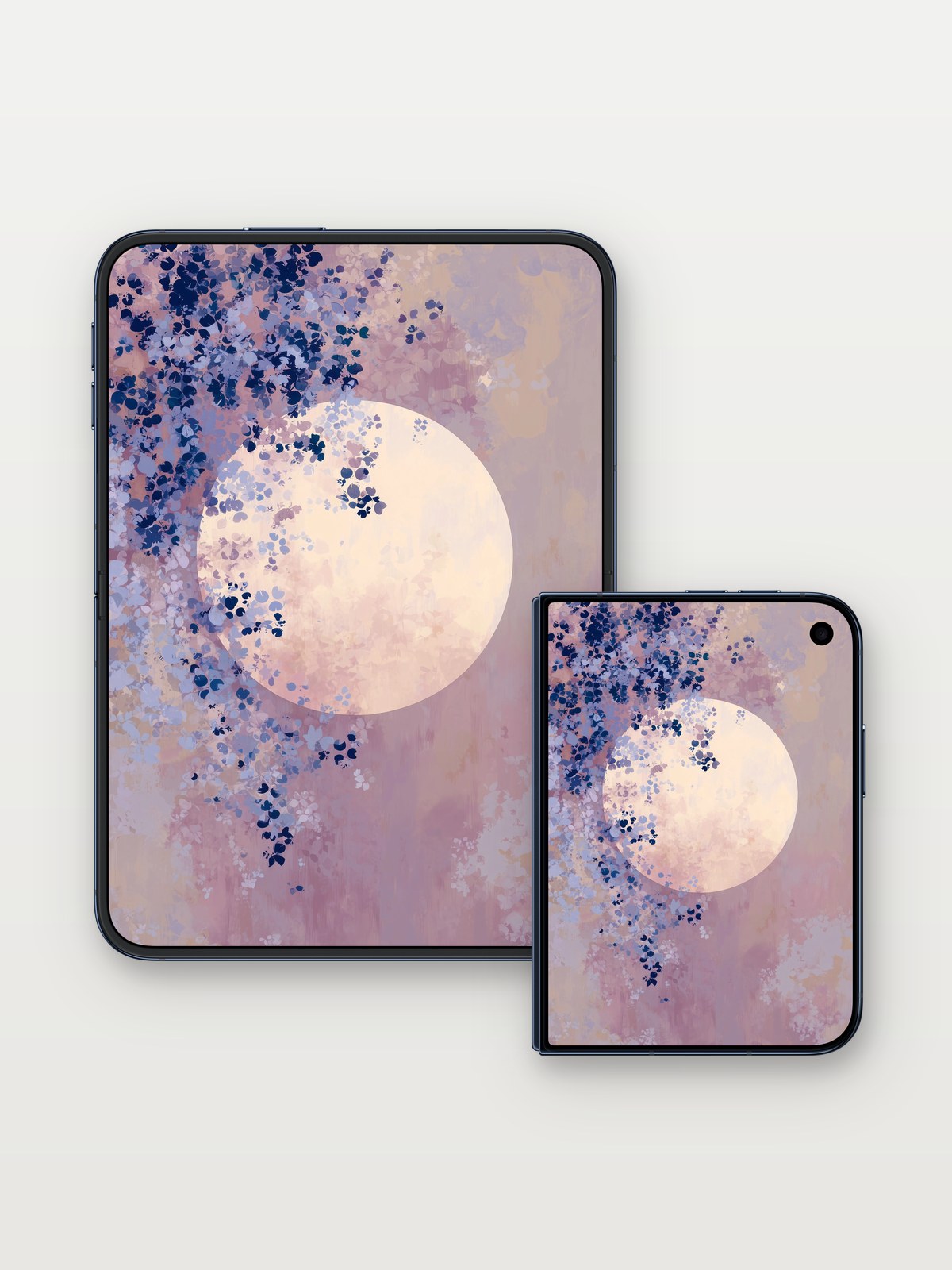 Lunar Bloom Wallpaper with Floating Petals on iPhone Duo, open and closed