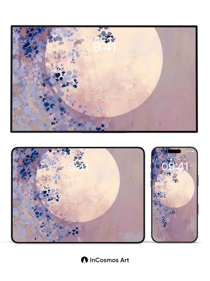 Lunar Bloom Wallpaper with Floating Petals
