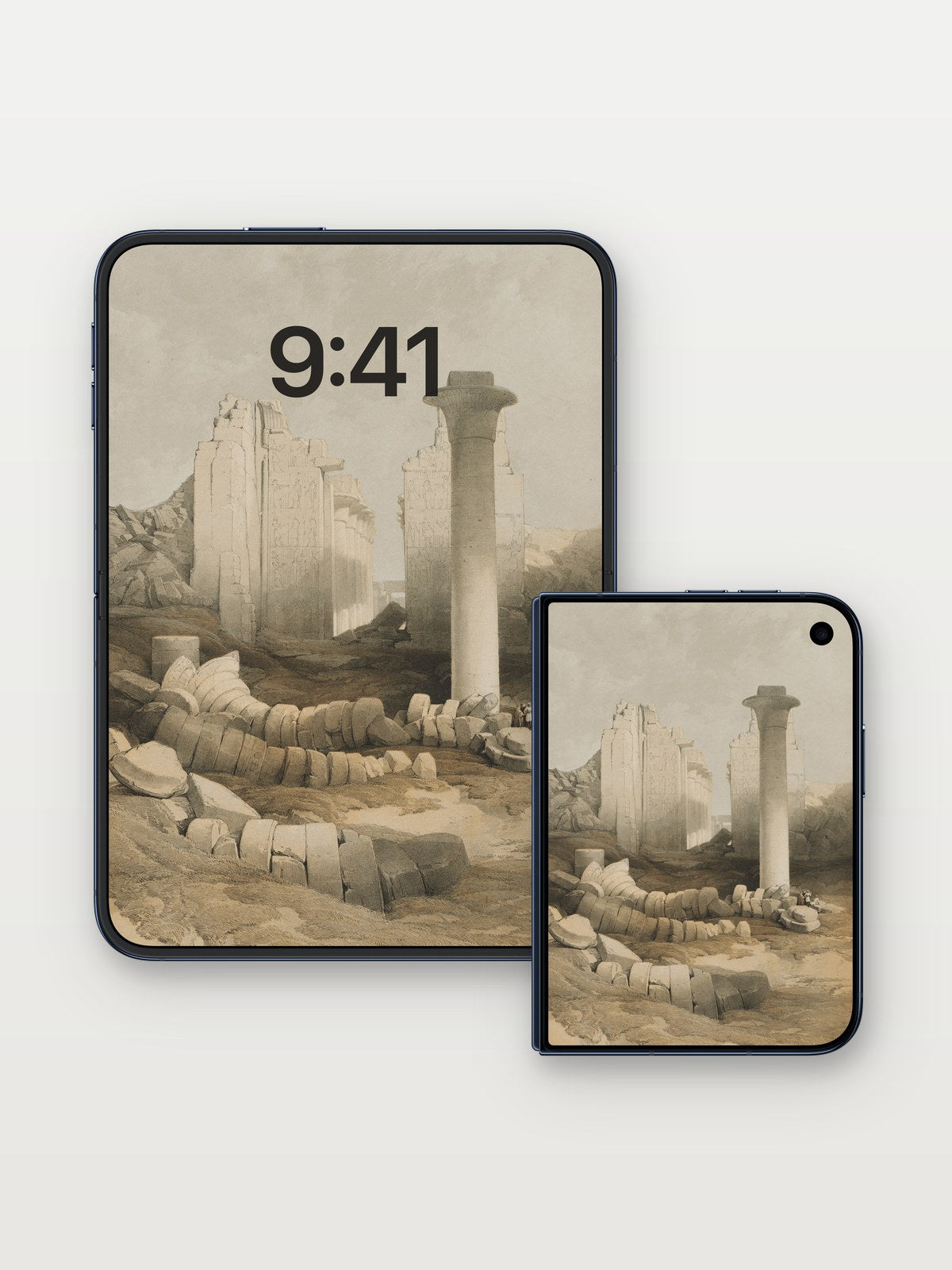 Echoes of Stone Wallpaper with Forgotten Scripts on iPhone Duo, open and closed