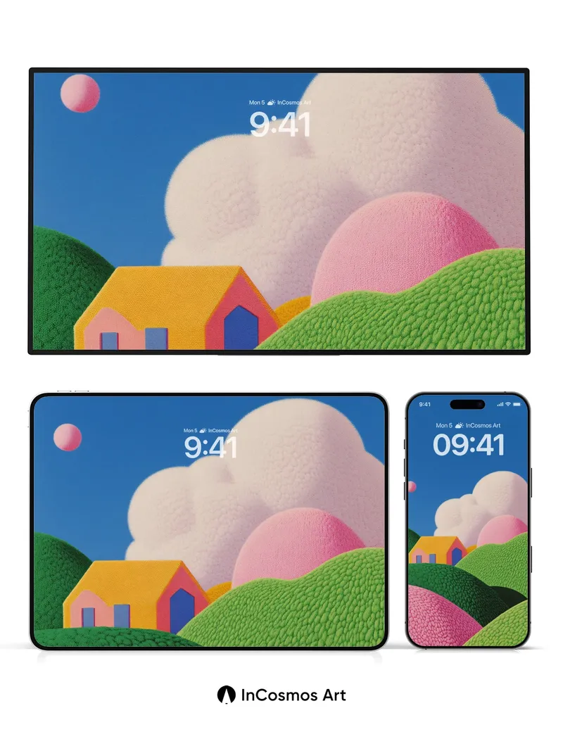 Whimsical Knit Landscape Wallpaper with Floating Clouds