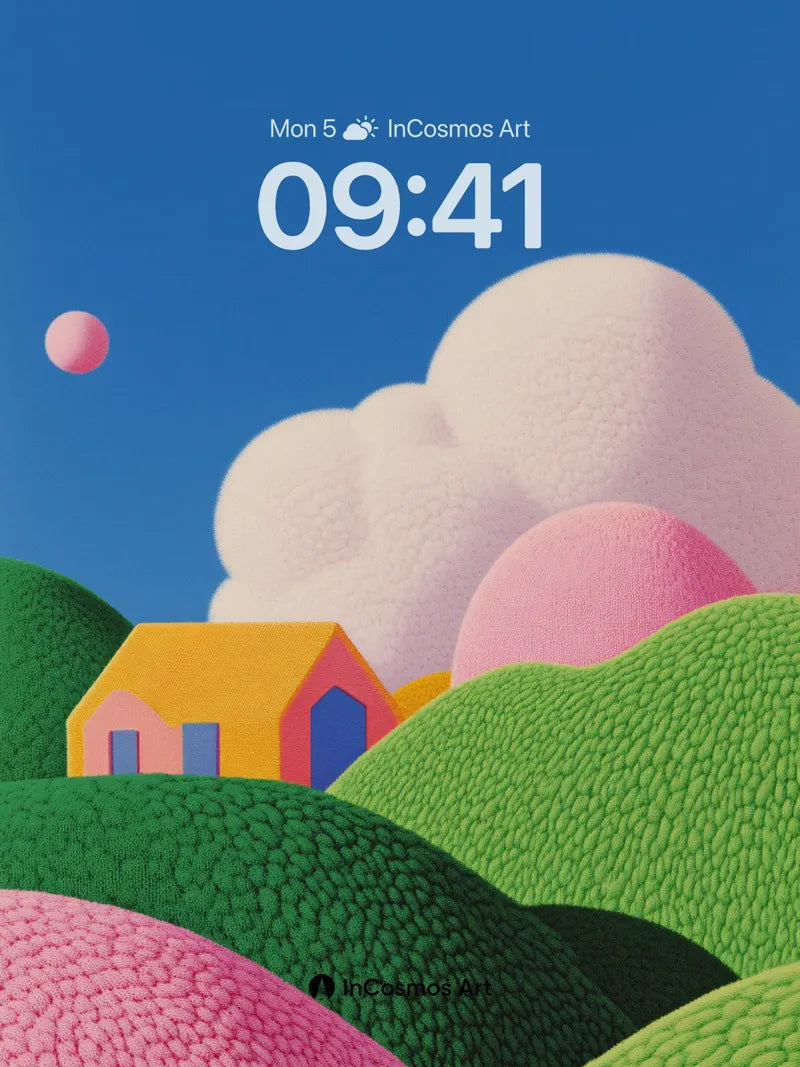 Whimsical Knit Landscape Wallpaper with Floating Clouds