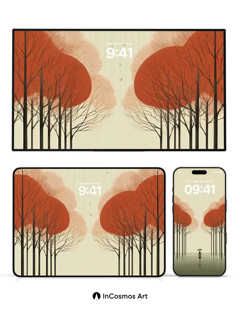 Serene Autumn Walk Wallpaper with Umbrella Shadow