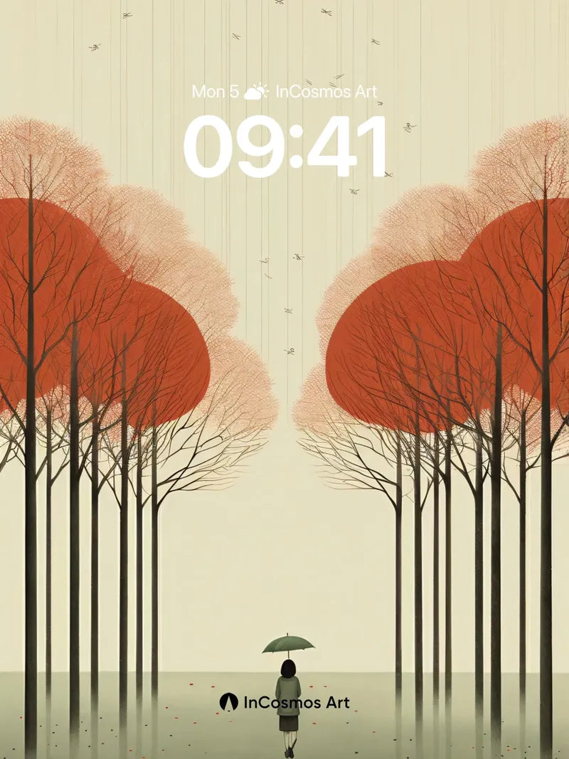 Serene Autumn Walk Wallpaper with Umbrella Shadow