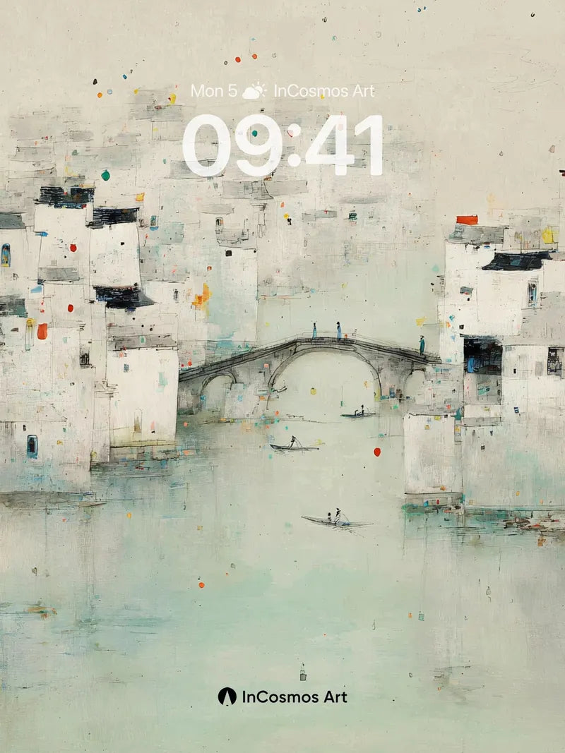 Serene Watercolor Village Wallpaper with Soft Haze wallpaper for iPhone, iPad & Mac