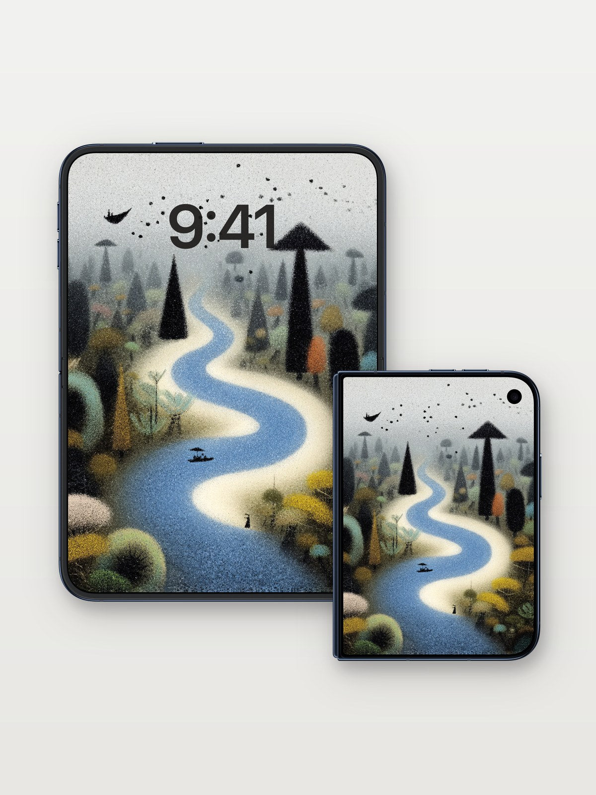 Foggy River Bend Wallpaper with Misty Trees on iPhone Duo, open and closed
