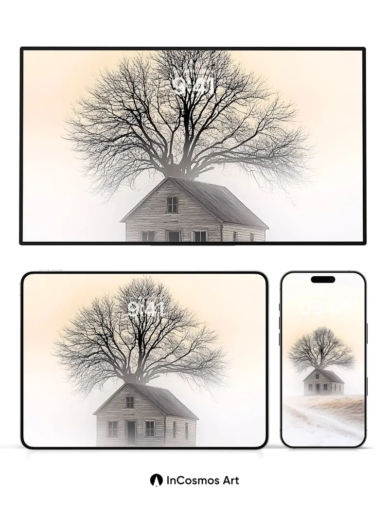 Fogbound Treehouse Wallpaper with Haunting Stillness