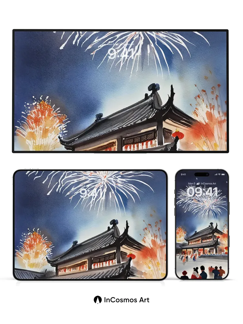 Firework Reverie Wallpaper with Ancient Lantern Glow