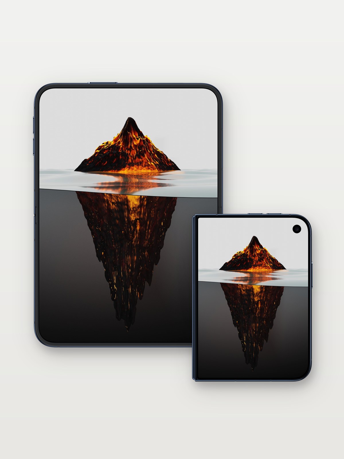 Volcanic Mirage Wallpaper with Liquid Reflection on iPhone Duo, open and closed