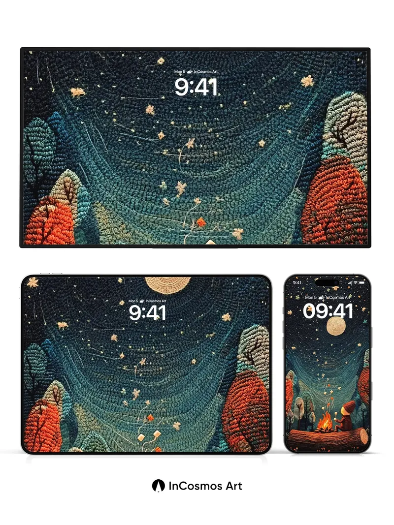 Starry Knit Wallpaper with Moonlit Campfire