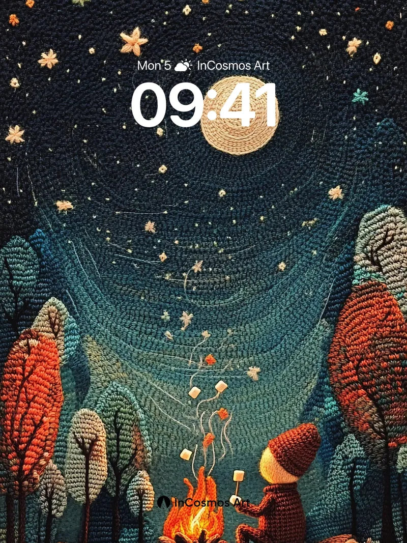 Starry Knit Wallpaper with Moonlit Campfire