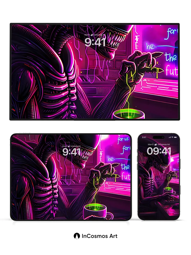 Neon Nightmare Wallpaper with Alien Typist