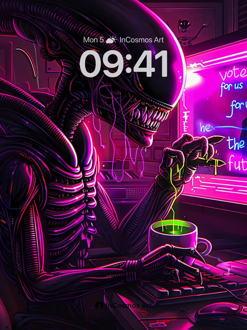 Neon Nightmare Wallpaper with Alien Typist