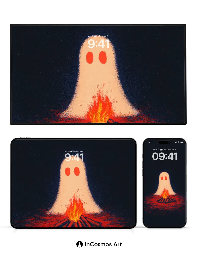 Glowing Ember Ghost Wallpaper with Fiery Eyes