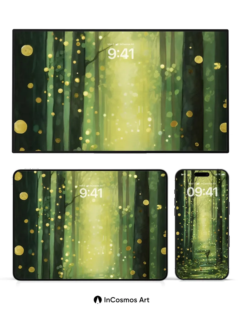 Luminous Forest Wallpaper with Floating Gold Dust