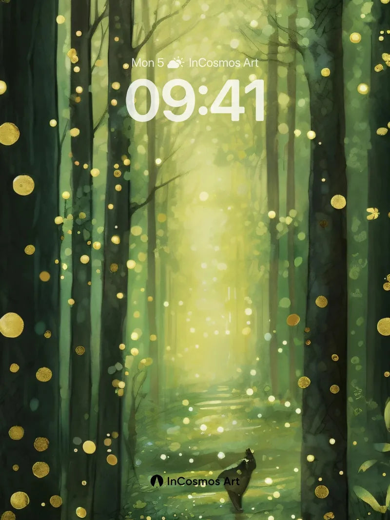 Luminous Forest Wallpaper with Floating Gold Dust