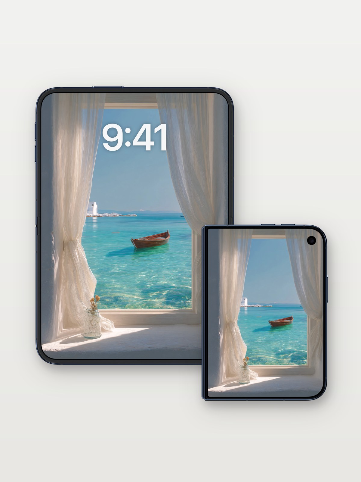 Serenity Through White Curtains Wallpaper with Turquoise Sea on iPhone Duo, open and closed