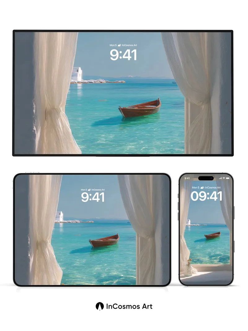 Serenity Through White Curtains Wallpaper with Turquoise Sea