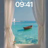 Serenity Through White Curtains Wallpaper with Turquoise Sea wallpaper for iPhone, iPad & Mac