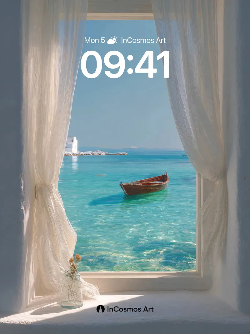 Serenity Through White Curtains Wallpaper with Turquoise Sea