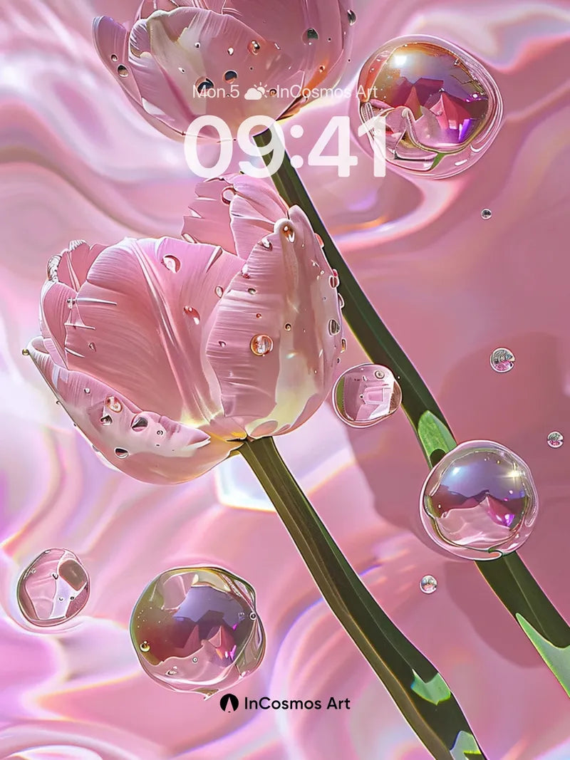 Luminous Petal Wallpaper with Floating Glass Droplets wallpaper for iPhone, iPad & Mac