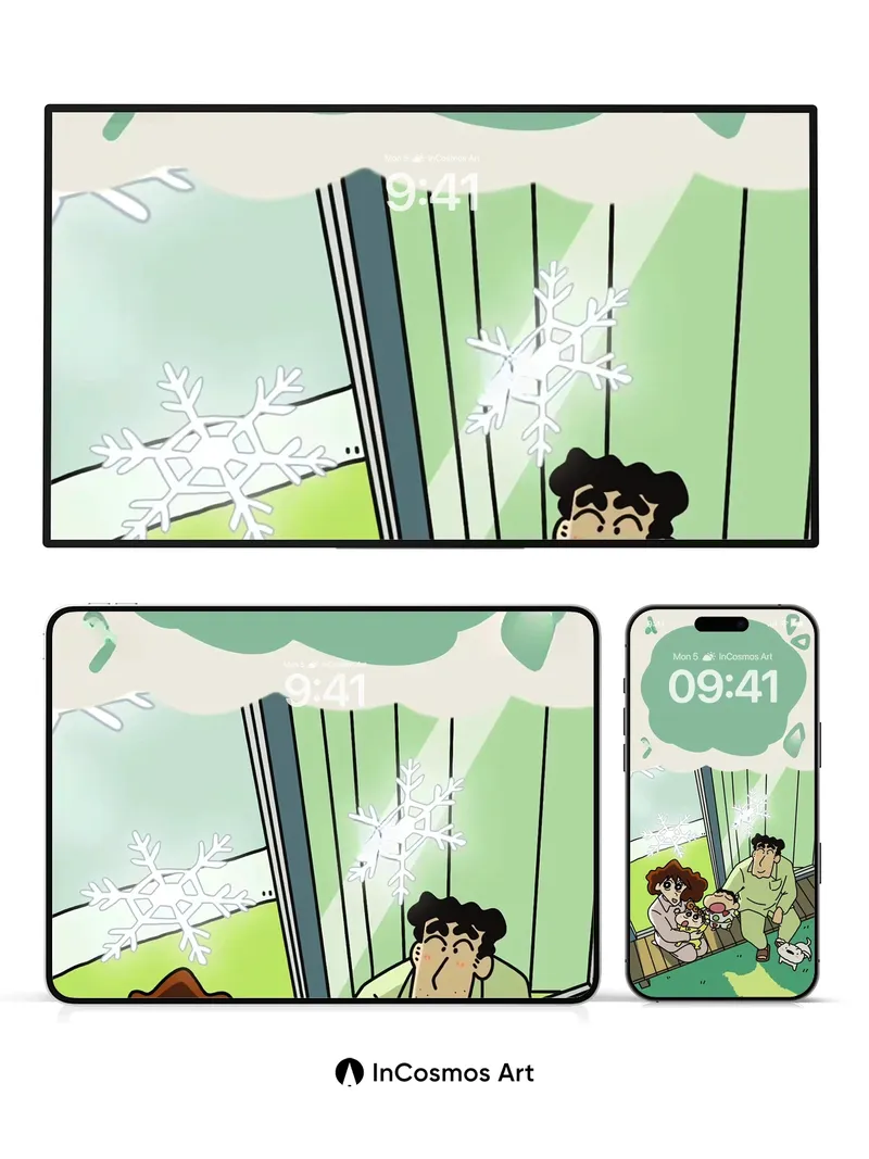 Snowflake Whispers Wallpaper with Anime Family Warmth