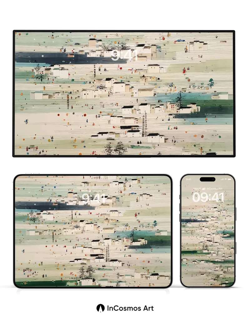 Layered Village Wallpaper with Soft Haze