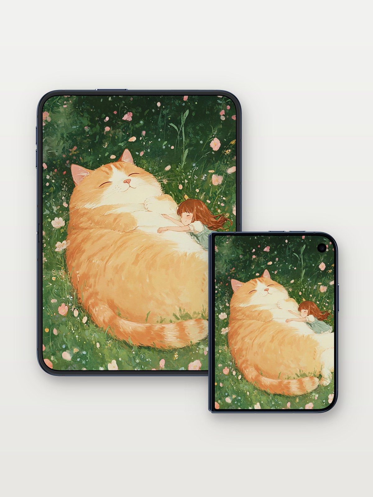 Serenity in Fur Wallpaper with Sleeping Child on iPhone Duo, open and closed