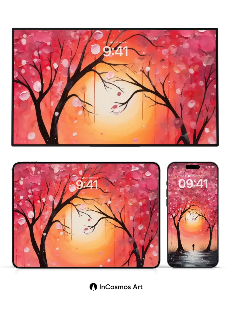 Crimson Canopy Wallpaper with Floating Petals