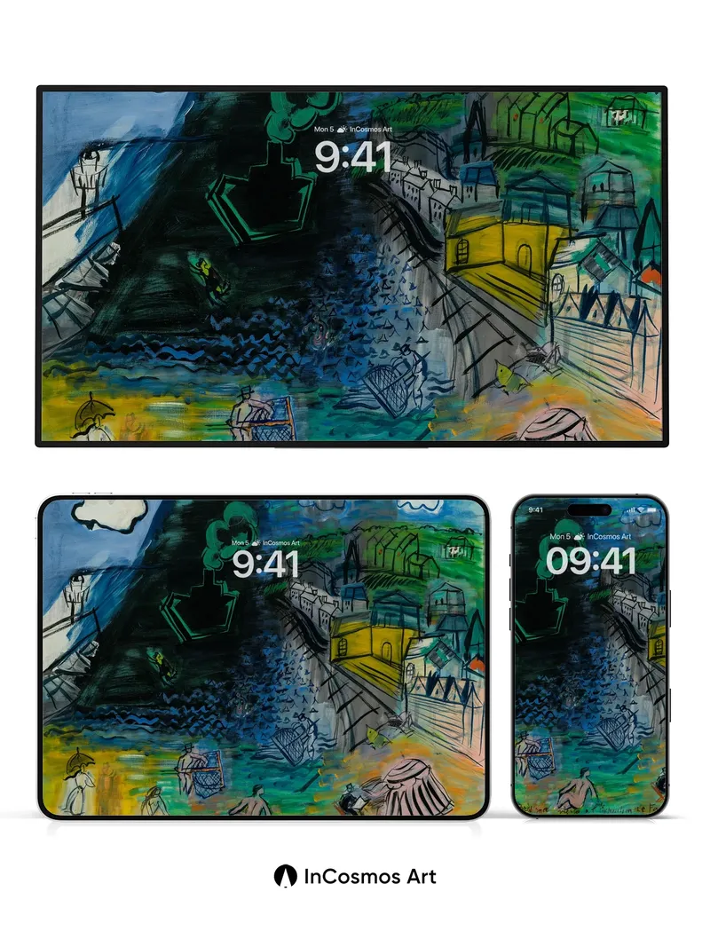 Whimsical Riverbank Wallpaper with Cubist Echoes