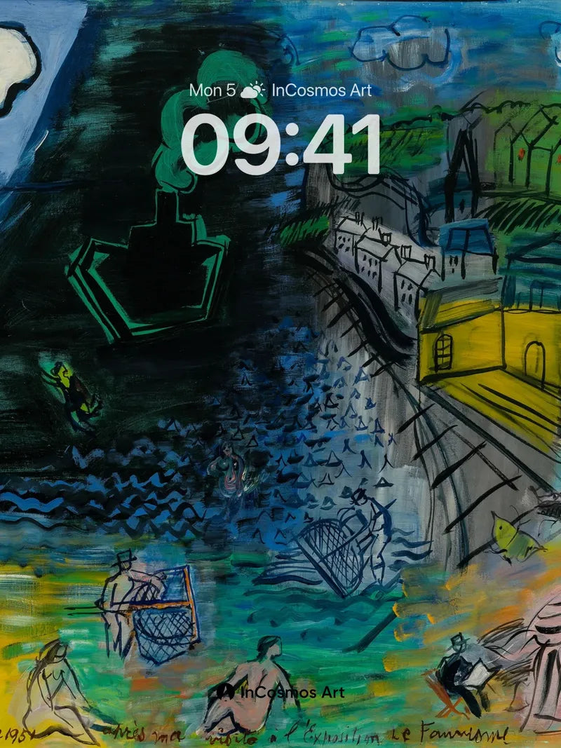 Whimsical Riverbank Wallpaper with Cubist Echoes