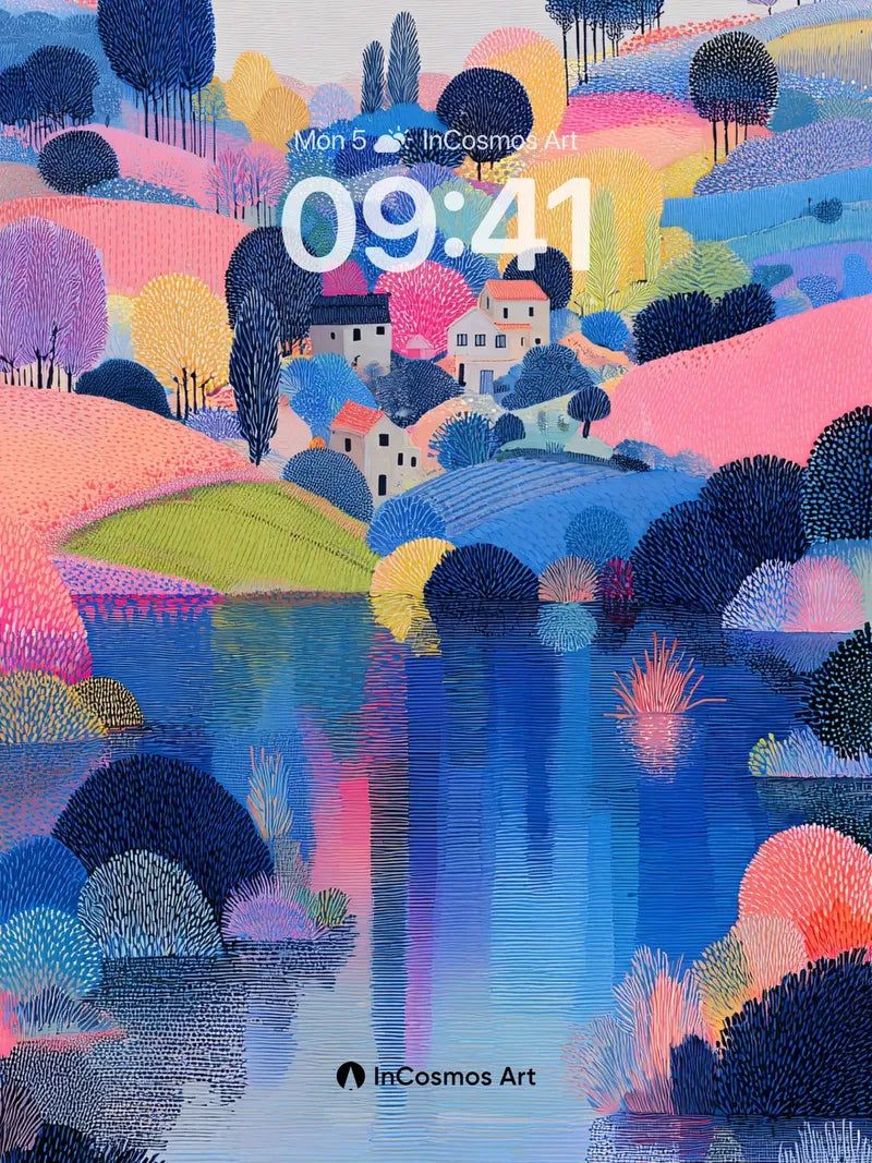 Serene Pastel Hillside Wallpaper with Reflective Water
