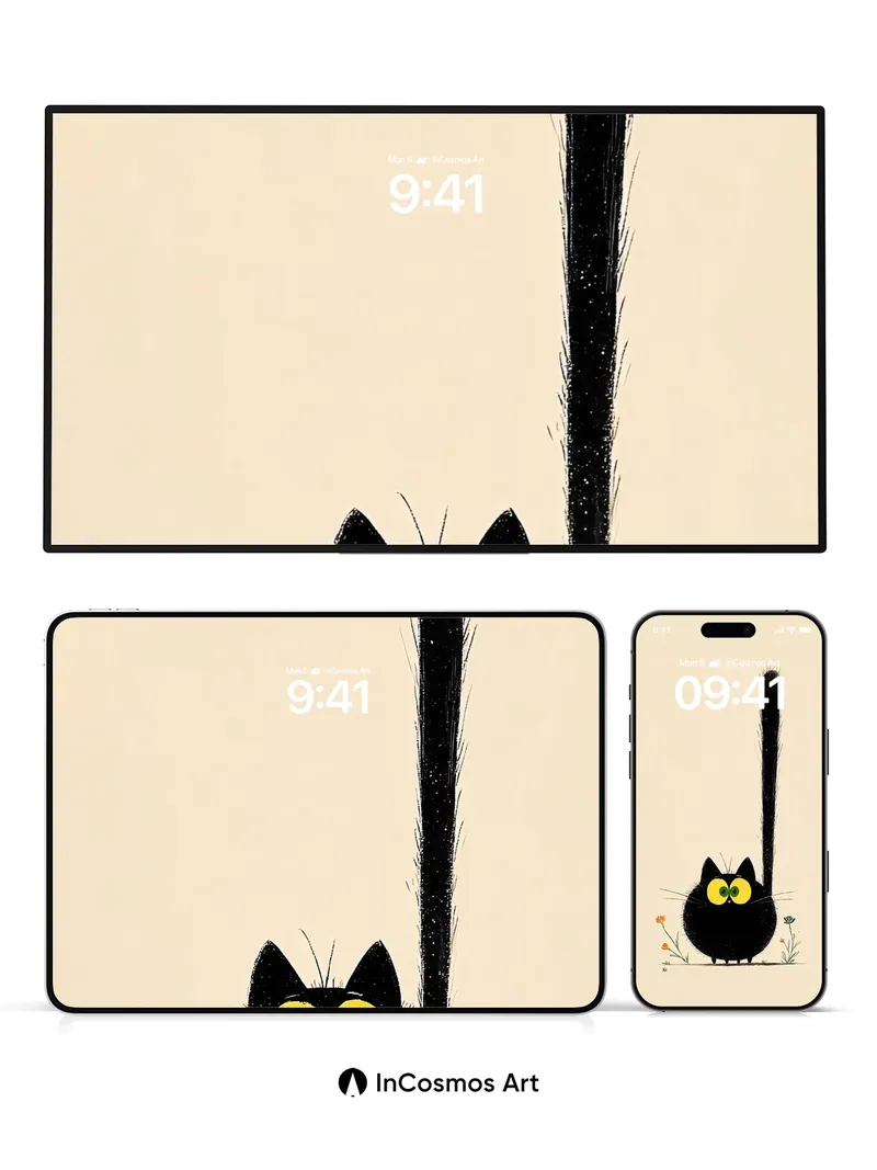 Whimsical Black Cat Wallpaper with Floating Eyes