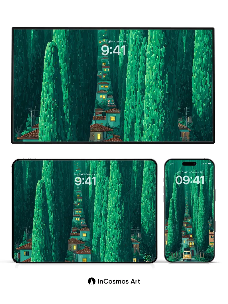 Whispering Cypress Wallpaper with Vintage Car Path